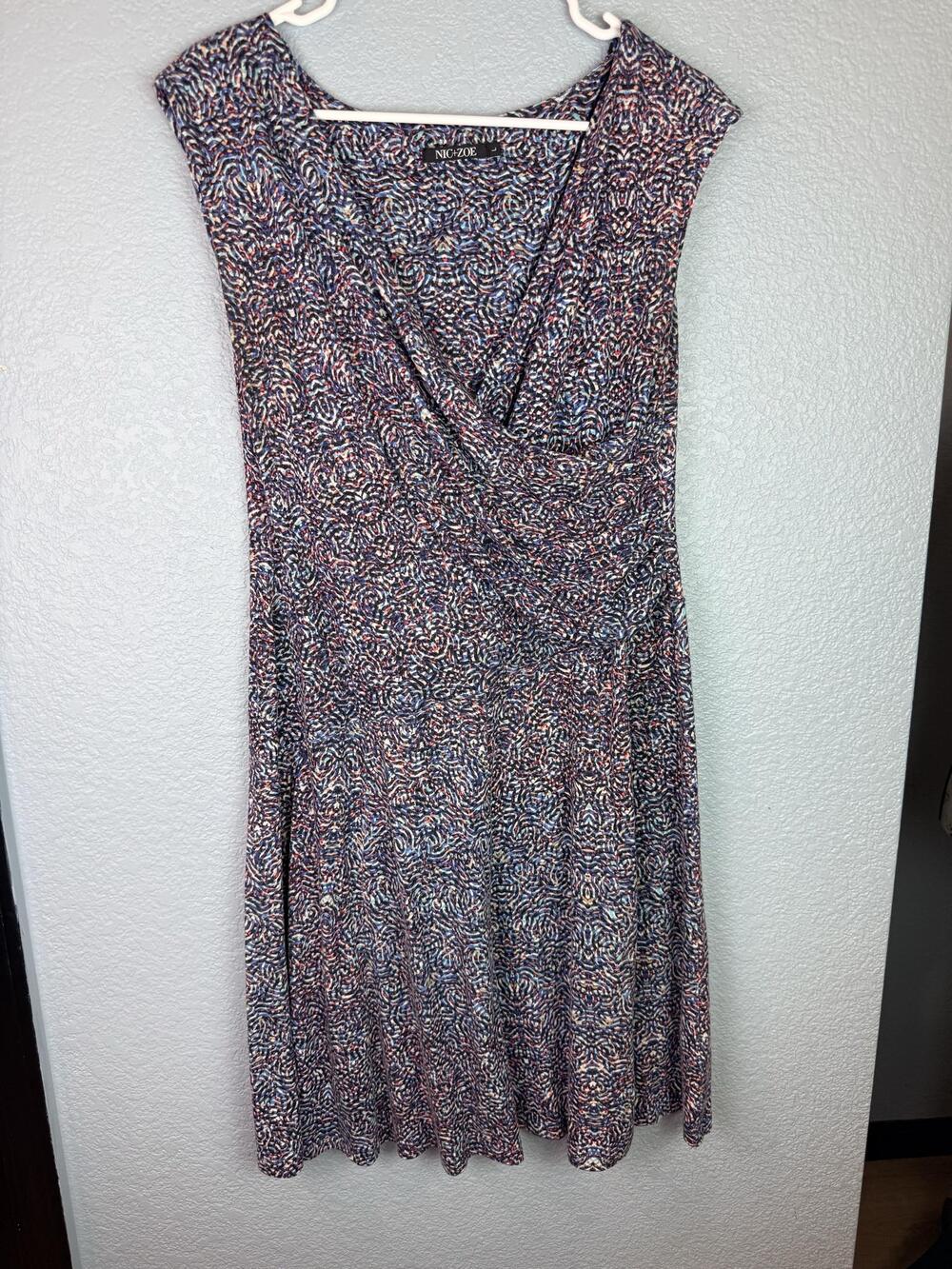 NIC+ZOE Dress Womens Large Blue Geometric Print Fit Flare Jersey Cap Sleeve